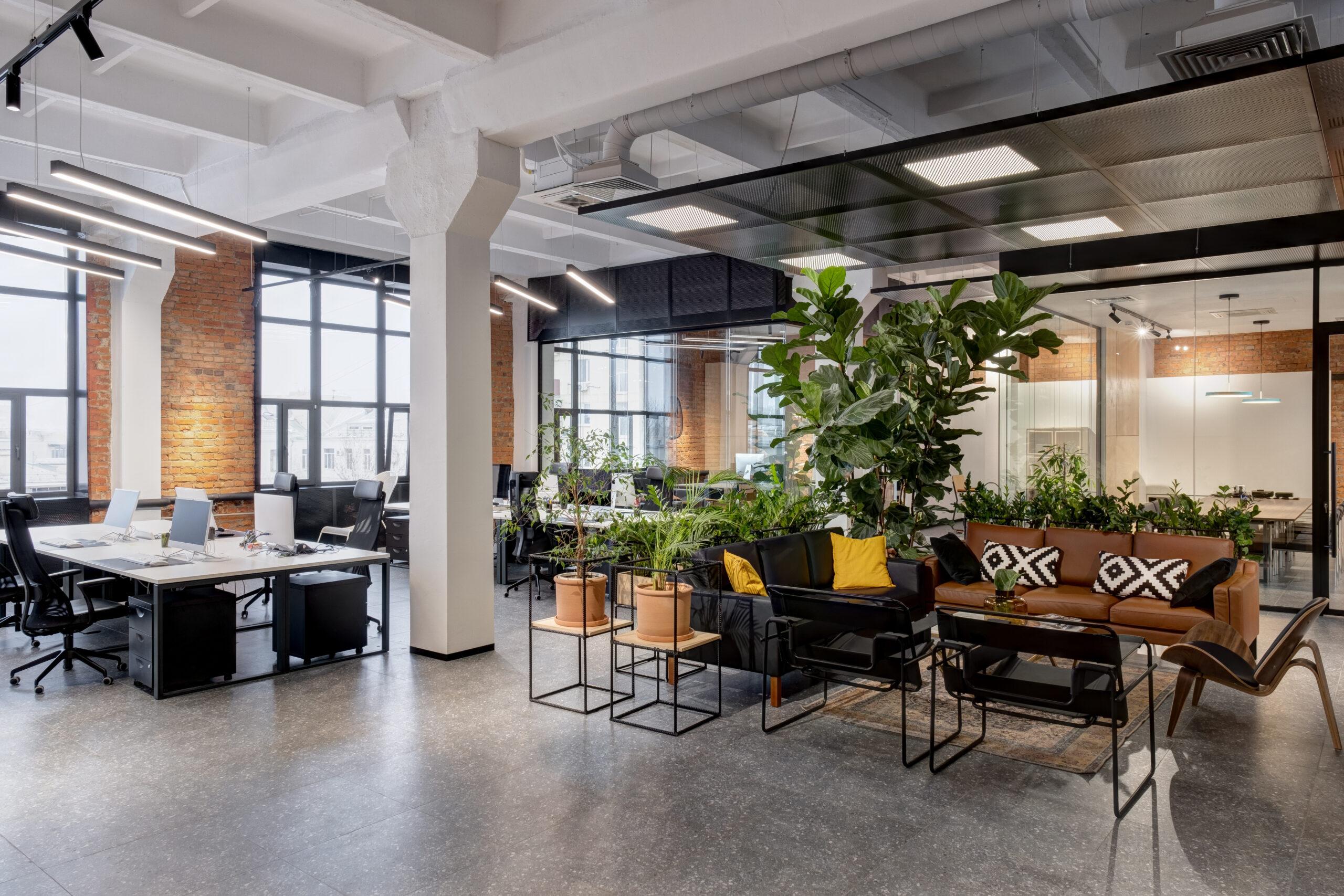 modern loft office interior with furniture