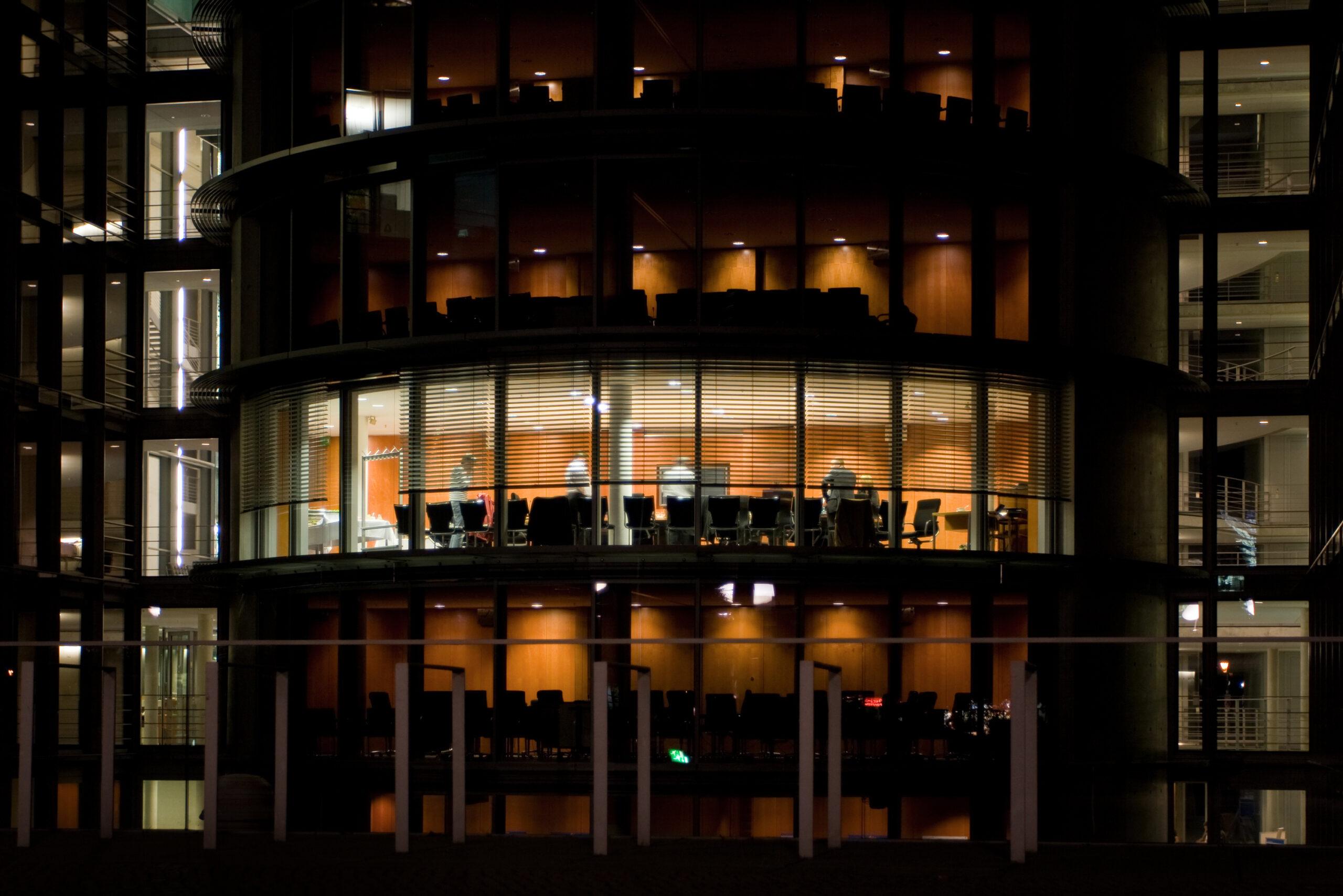 Working late, office building by night